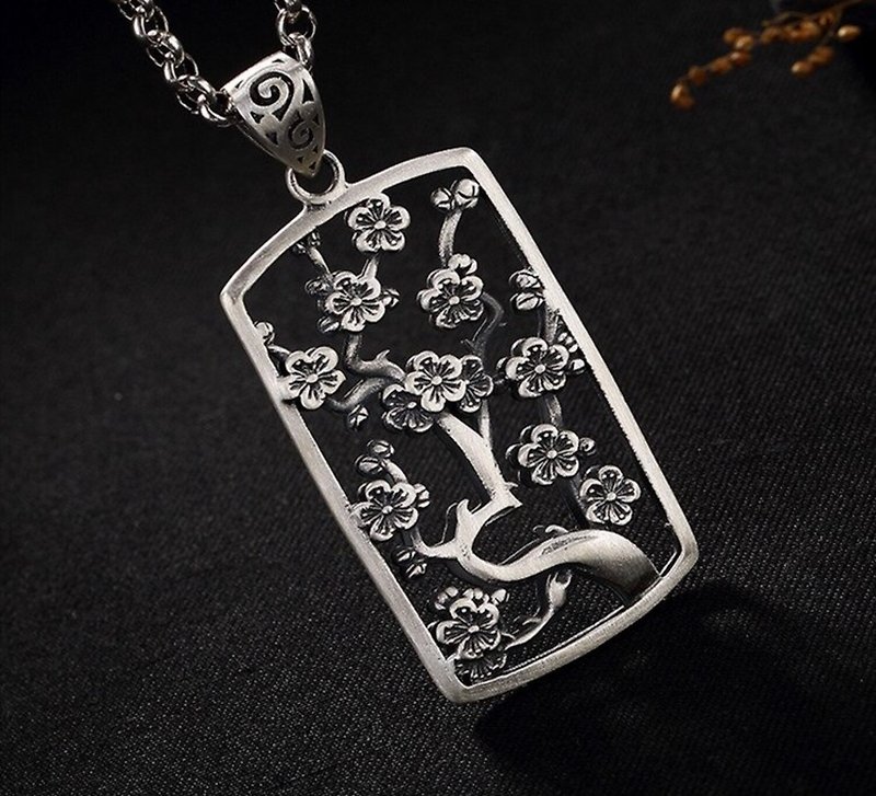 Real 999 Fine Silver Jewelry for Women Hollow Handmade Plum Tree Necklace - สร้อยคอยาว - เงินแท้ สีเงิน