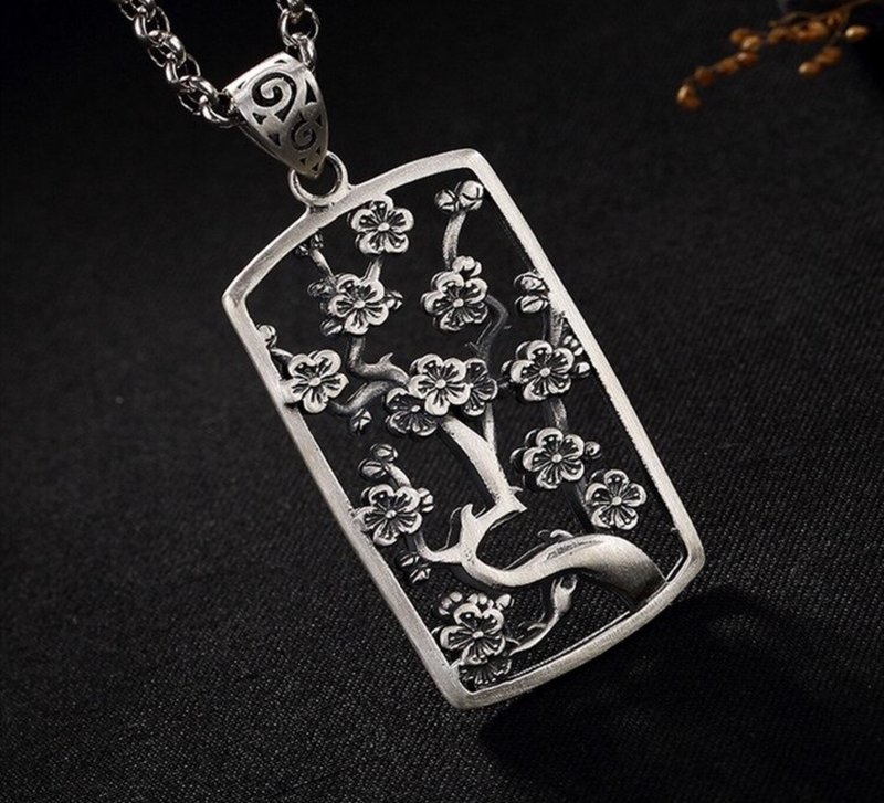 Real 999 Fine Silver Jewelry for Women Hollow Handmade Plum Tree Necklace - 長項鍊 - 純銀 銀色
