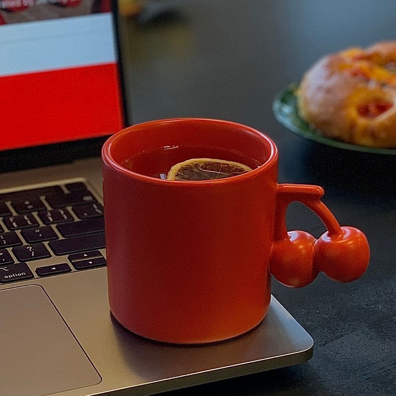 Stan&Co handmade coffee cup 250ml cute cherry handle ceramic mug couple pair - Mugs - Porcelain Red