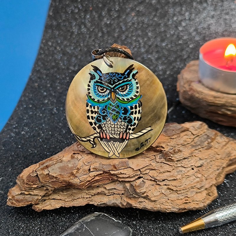 Mosaic Eagle owl painted on gorgeous animal pearl pendant. Gift for grandmother - Necklaces - Shell Blue