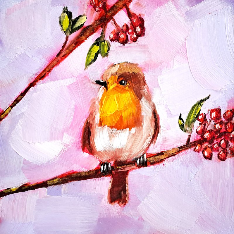 Robin Painting Bird Original Art Red Robin Oil Painting Animal Small Artwork - 海報/掛畫/掛布 - 其他材質 多色