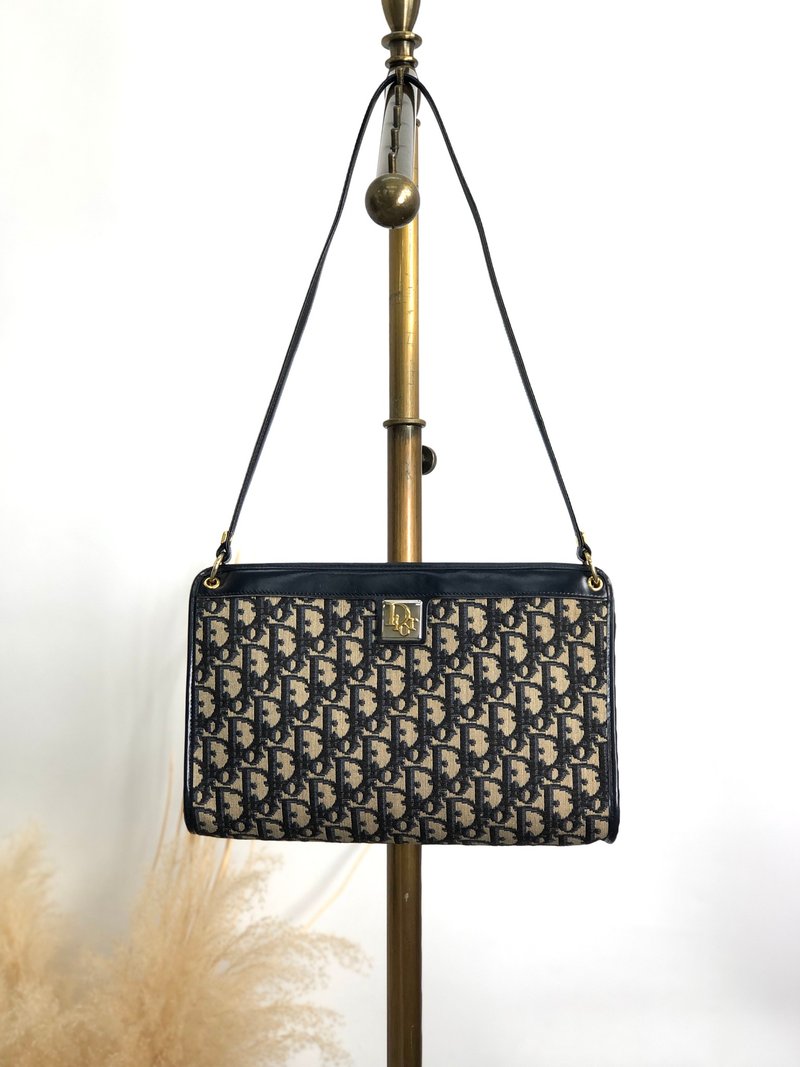 【 日本直送　名牌中古包 】Christian Dior トロッター ショルダーバッグ ネイビー ロゴ ジャガード レザー ワンショルダーバッグ s83xi3 - 側背包/斜背包 - 棉．麻 藍色