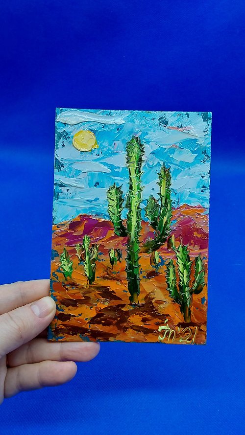 CosinessArt Cacti. Mountains. Summer Landscape. Oil painting. Original work. wall painting