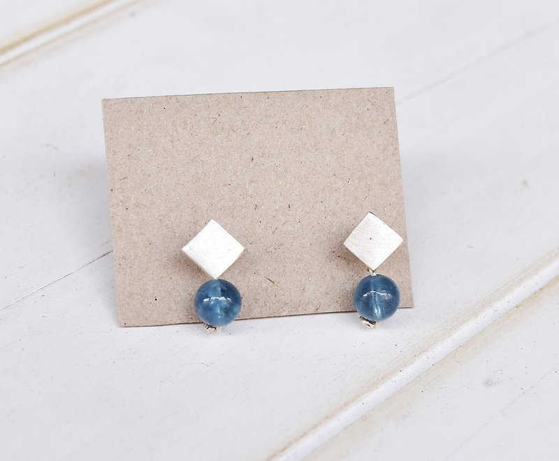 水藍藍小方塊銀耳環 - 耳環/耳夾 - 寶石 藍色