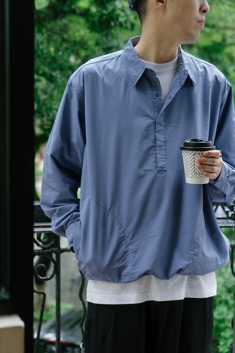 SHIRT spring color seersucker textured shirt loose pullover comfortable casual striped thin long-sleeved shirt - Men's Shirts - Cotton & Hemp 
