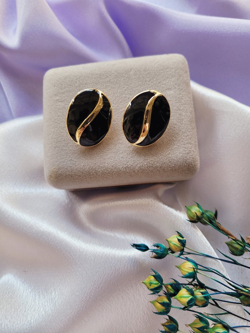美國西洋古董飾品 / MiMi Di N黑金系琺瑯摩登夾式耳環/復古首飾 - 耳環/耳夾/耳骨夾 - 其他金屬 