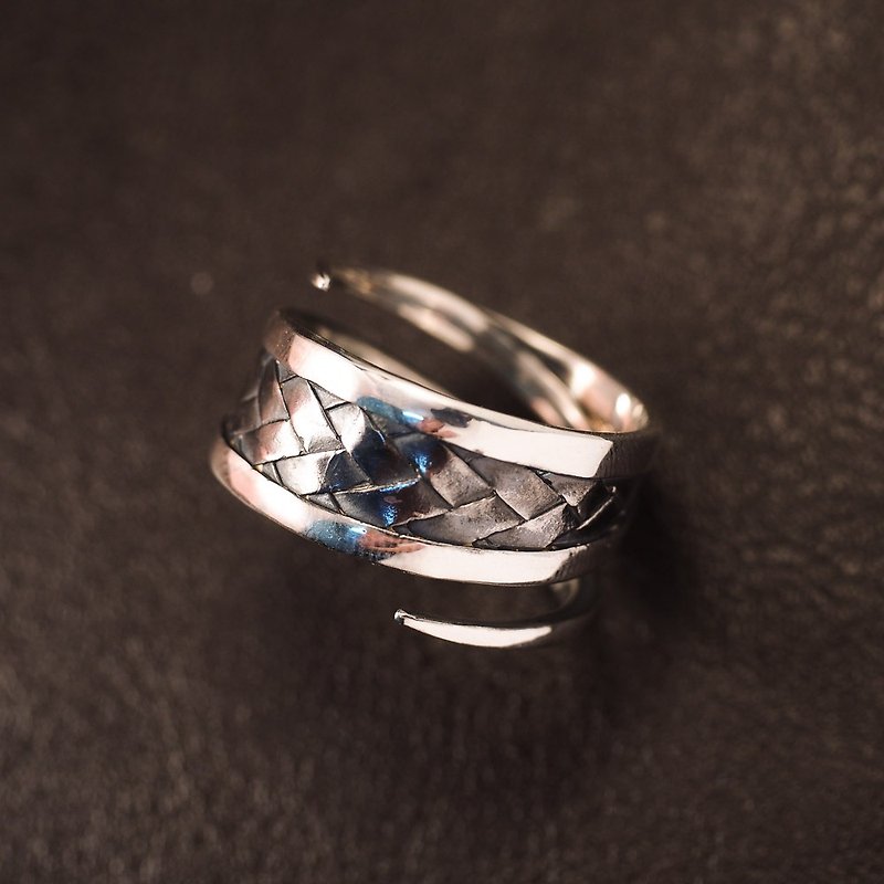 時尚紳士編織燻黑開口可調整式戒指 925純銀飾 可訂製全銀版 - 戒指 - 純銀 銀色