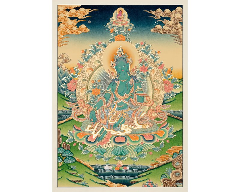 綠度母唐卡 – 神聖的保護者與迅速的慈悲於藏族藝術 - 壁貼/牆壁裝飾 - 其他材質 多色