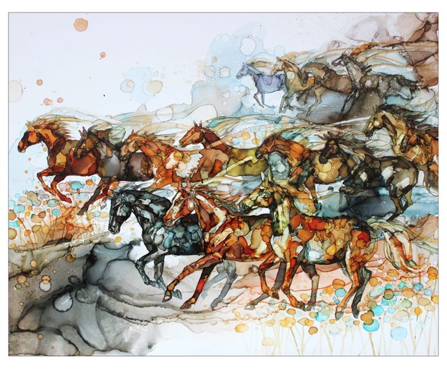 油彩画 馬の群れ Amazon.co.jp: 絵画 走っている馬の群れインテリア 絵画 落書き風の