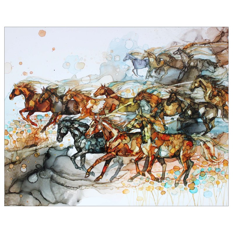 100% hand painted horse herd horse painting 40*30cm - Wall Décor - Other Metals Brown