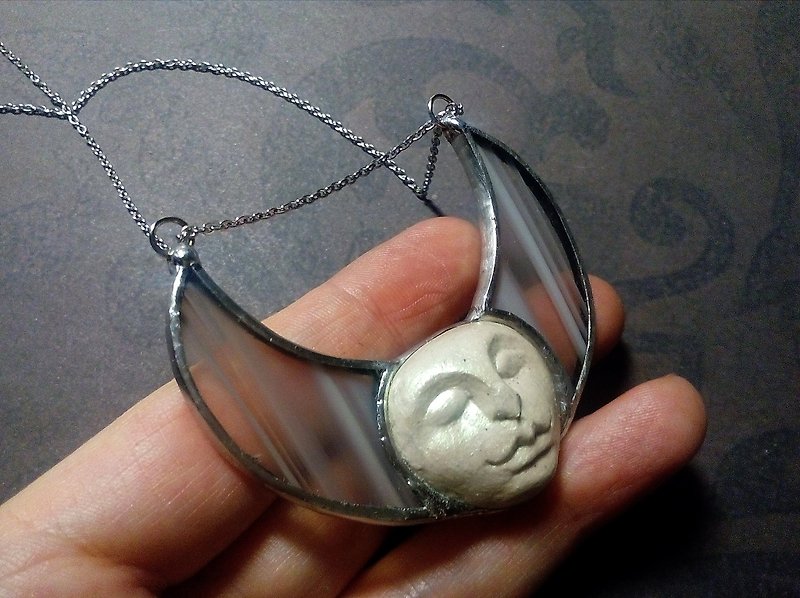 full moon crescent. stained glass pendant. clay cameo moon. face head Moon.