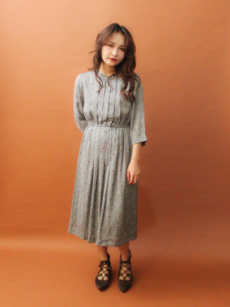 Vintage Autumn and Winter Made in Japan Gray Geometric Totem Print Long Sleeve Vintage Dress Vintage Dress - One Piece Dresses - Polyester Gray