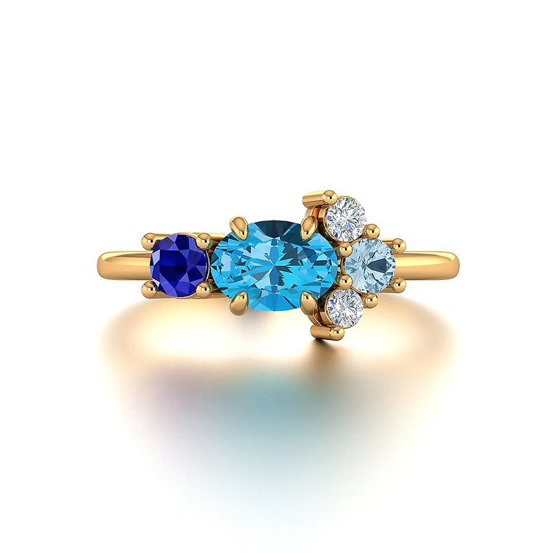 【彩寶系列】18K黃鑲嵌海藍寶托帕石 天然彩寶戒指訂製 R047 - 戒指 - 寶石 藍色