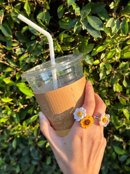 SUNFLOWER & Leaf crochet ring minimalist with a single or Triplet