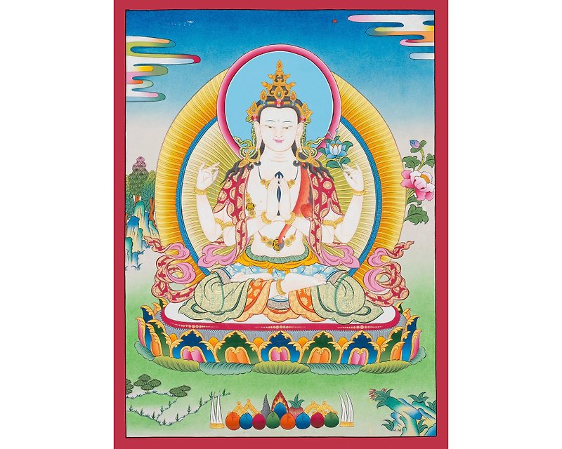 Tibetan Thangka Painting - Handcrafted Chenrezig Art - Wall Décor - Other Materials Multicolor