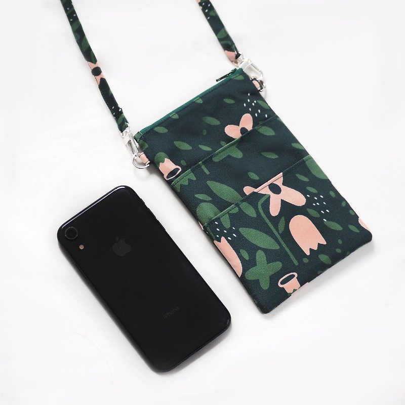 Canvas Polyester-Minimal Bag for Mobile Phone- Forest Cosmos 11x18.5 cm. - Other - Polyester Green