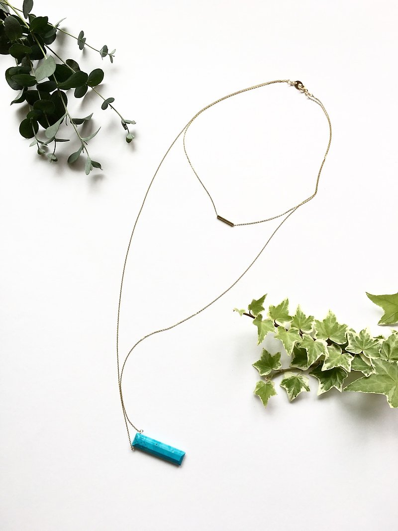 Turquoise long necklace and simple 36cm gold bar necklace - ネックレス・ロング - 宝石 ブルー