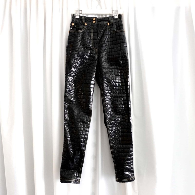 Brand new Italian luxury brand VERSACE black imitation crocodile leather pattern denim trousers with PU adhesive film printing - Men's Pants - Cotton & Hemp Black