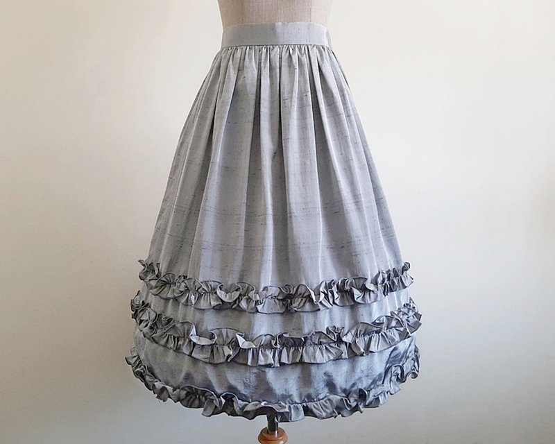 Vintage Gray Ruffle Midi Skirt - Skirts - Polyester Gray