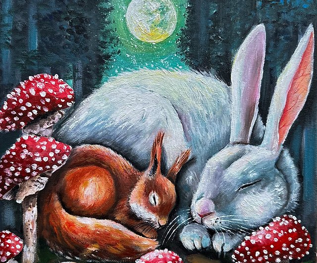 White rabbit original painting Bunny wall art Squirrel painting 