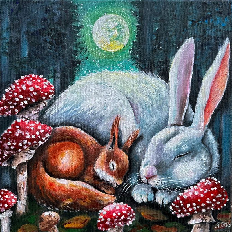 White rabbit original painting Bunny wall art Squirrel painting Woodland animals - 壁貼/牆壁裝飾 - 棉．麻 多色