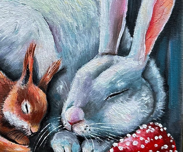 White rabbit original painting Bunny wall art Squirrel painting 