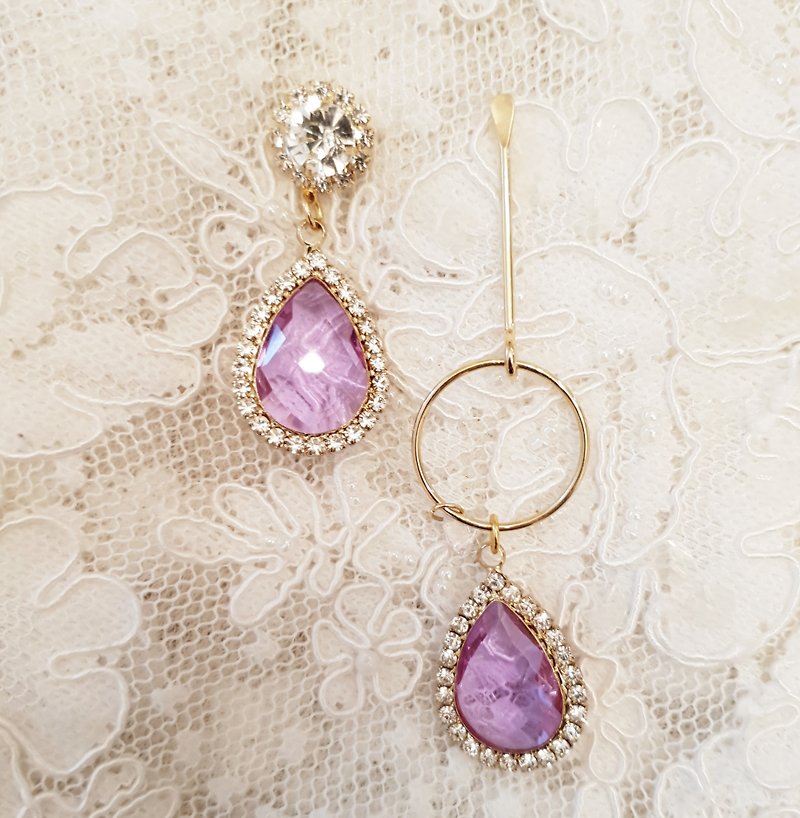  two different earrings with high polish clear teardrop crystal purple earring - 耳環/耳夾 - 銀 
