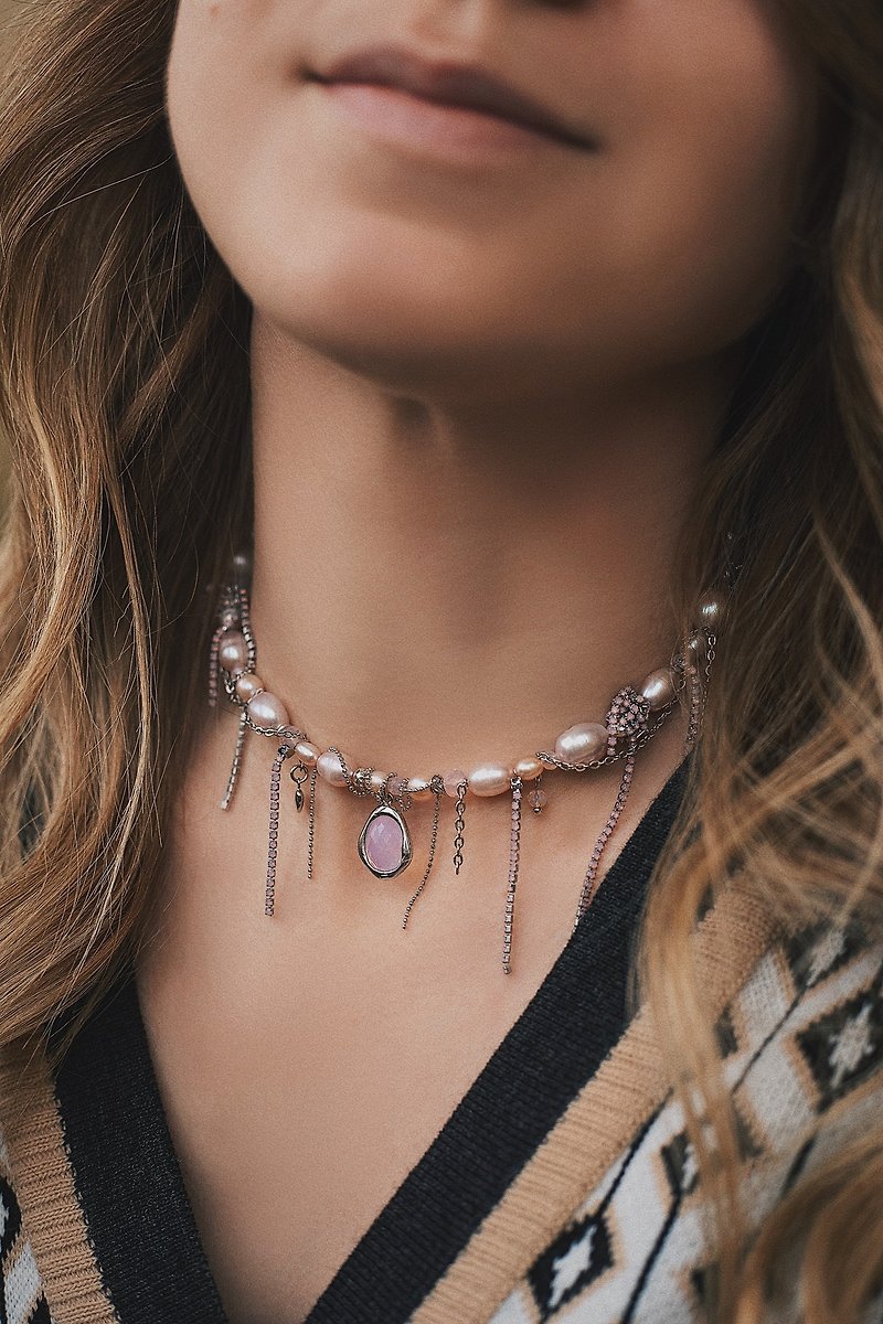 Pink moon stone necklace, Light rose pearl jewelry set, Chain chocker - สร้อยคอ - หิน สึชมพู