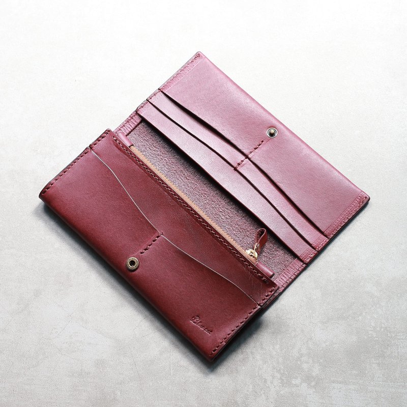 Retro long clip | burgundy vegetable tanned cow leather | multi-color - กระเป๋าสตางค์ - หนังแท้ สีม่วง