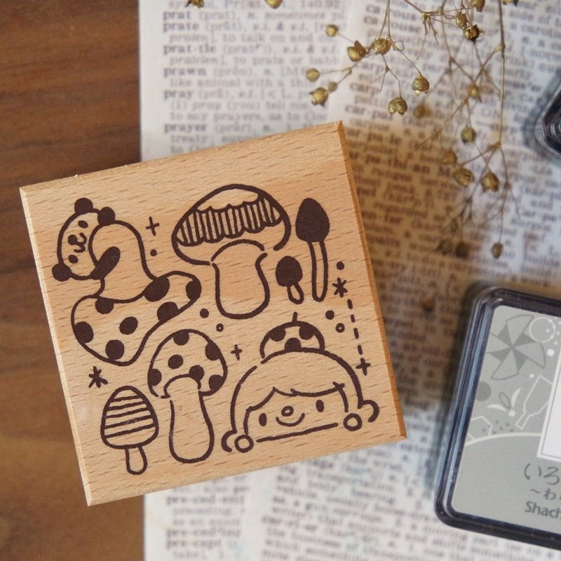 rubber stamp/little girls & pandas/mushrooms - ตราปั๊ม/สแตมป์/หมึก - พลาสติก สีแดง