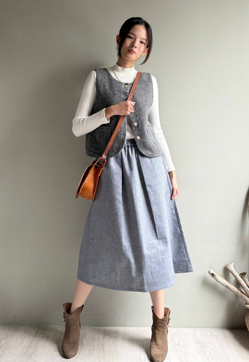 凱旋大道/純棉單寧含毛料A字後開衩牛仔裙/鬆緊腰中長裙 - 裙子/長裙 - 棉．麻 