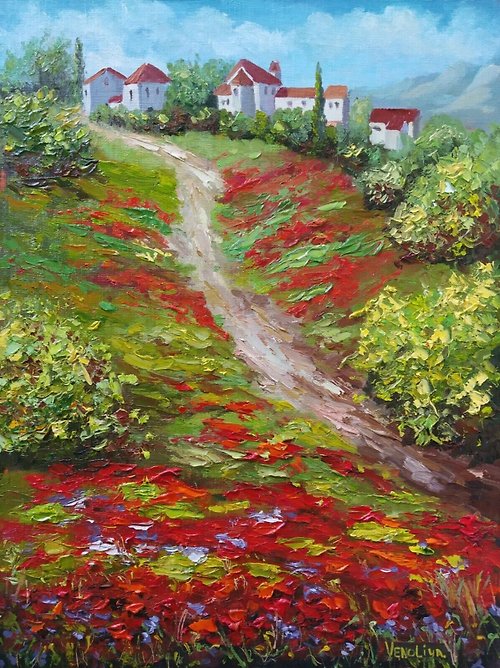 Diven.art Original oil painting on canvas Tuscany landscape poppy field 40 x 30 cm