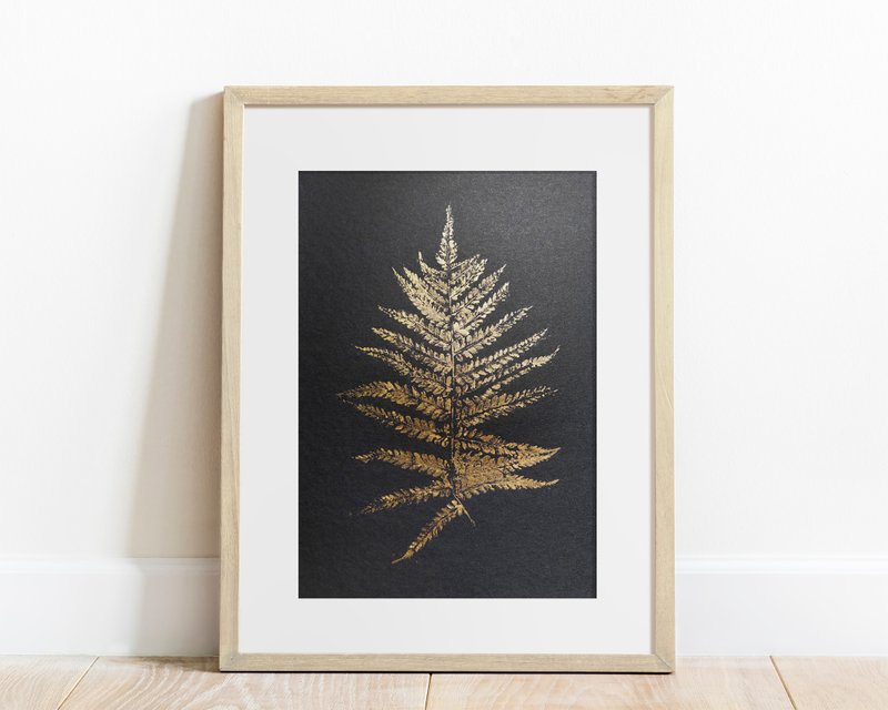 Gold black Fern textured plant Foraged wall decor Monotype print Original art - 海報/掛畫/掛布 - 紙 金色