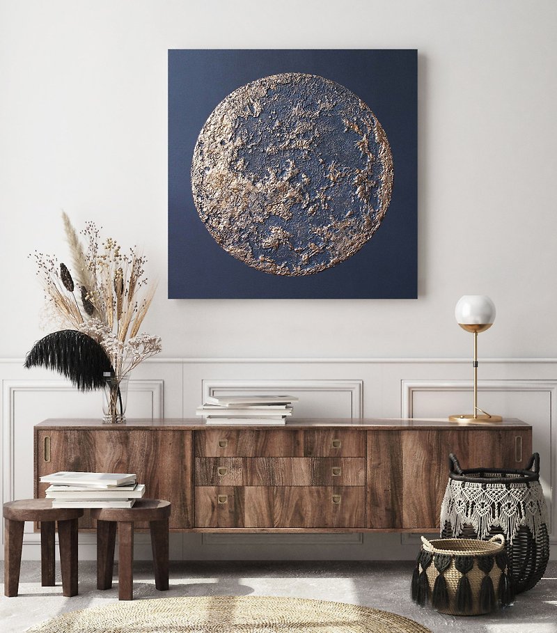 Blue Gold Painting |  Blue Gold Space Art | Blue Gold Wall Art |  Moon - Wall Décor - Cotton & Hemp 