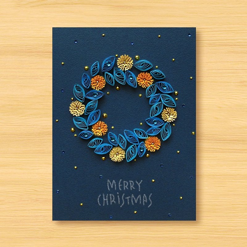 Handmade Roll Paper Christmas Card _ Starry Series - Flower Roaming Christmas Wreath - การ์ด/โปสการ์ด - กระดาษ สีน้ำเงิน