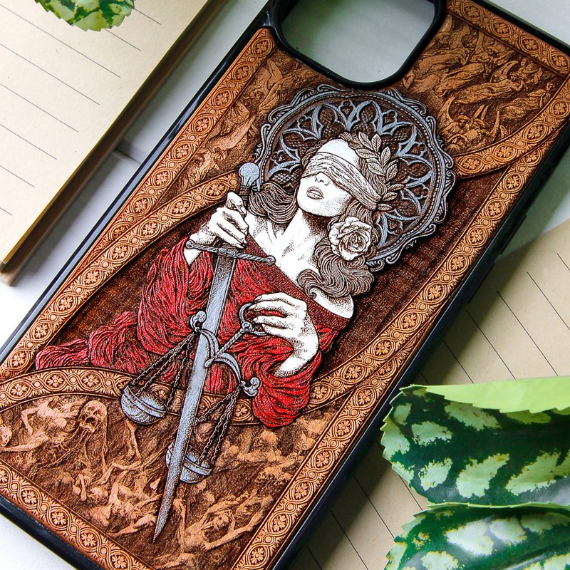 Justice -  Phone case wood laser engraved + hand painting - 手機殼/手機套 - 木頭 咖啡色
