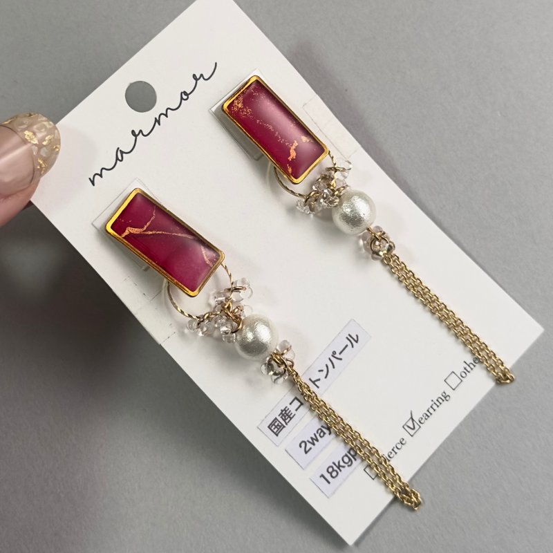 【限量一件】橘色 兩戴式 酒精墨水藝術 長款 耳環 18kgp 抗敏 - 耳環/耳夾/耳骨夾 - 樹脂 紅色