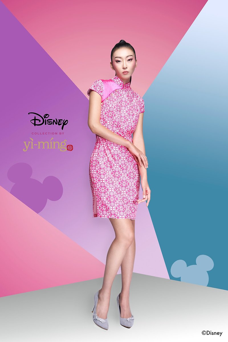 (迪士尼獨家限量系列) 米奇菲奧娜旗袍 - 紫紅色 - 旗袍/改良式旗袍 - 聚酯纖維 粉紅色
