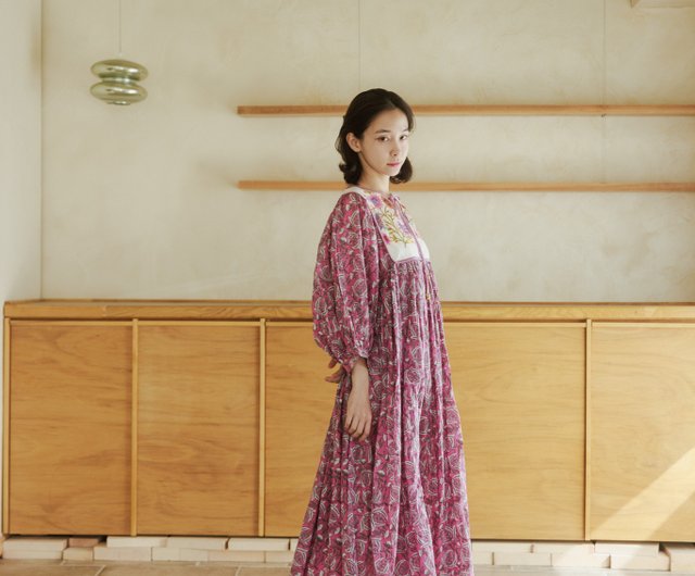 Woodblock Printed Puff Sleeve Dress_Purple Flowers - Shop KALAKAR