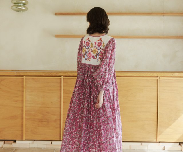 Woodblock Printed Puff Sleeve Dress_Purple Flowers - Shop KALAKAR