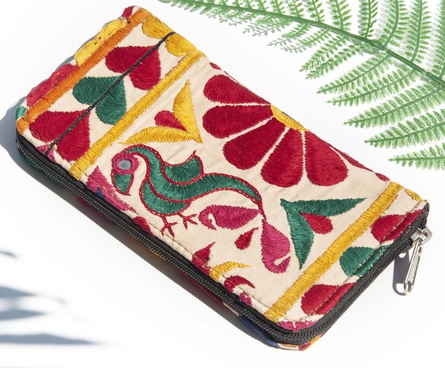 手刺繍財布エスニックスタイルロングクリップ刺繍レザー