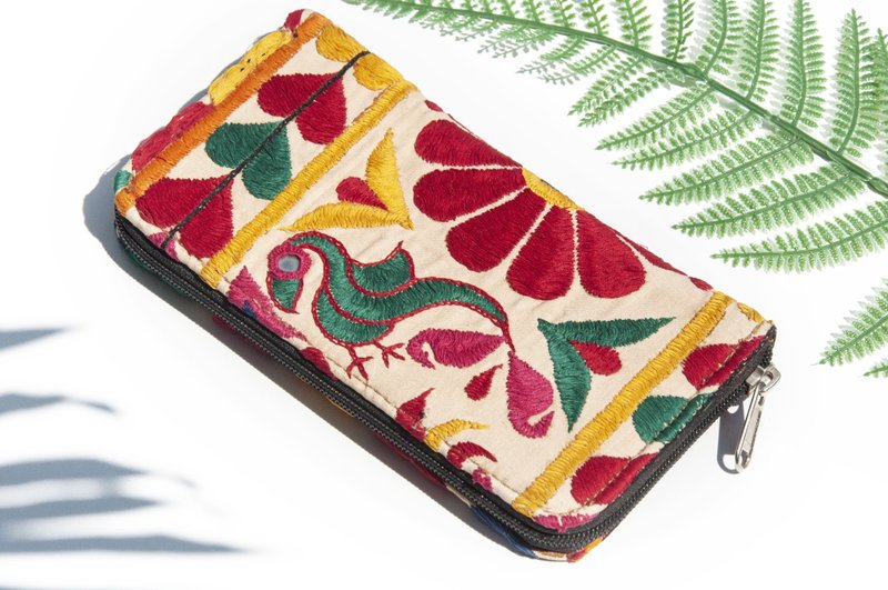 Hand embroidered wallet ethnic style long clip embroidered leather wallet handmade ancient cloth long clip - peacock mirror embroidery - กระเป๋าสตางค์ - ผ้าไหม หลากหลายสี