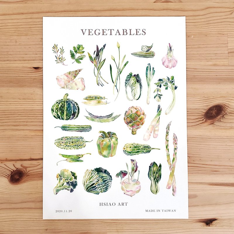 Green Vegetables Illustrated Book - Watercolor/Handpainted/Illustration-Reproduction/Poster - โปสเตอร์ - กระดาษ สีกากี