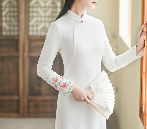 初蟬 新中式 改良旗袍中國風白色長袖連衣裙仙氣禪意茶服洋裝