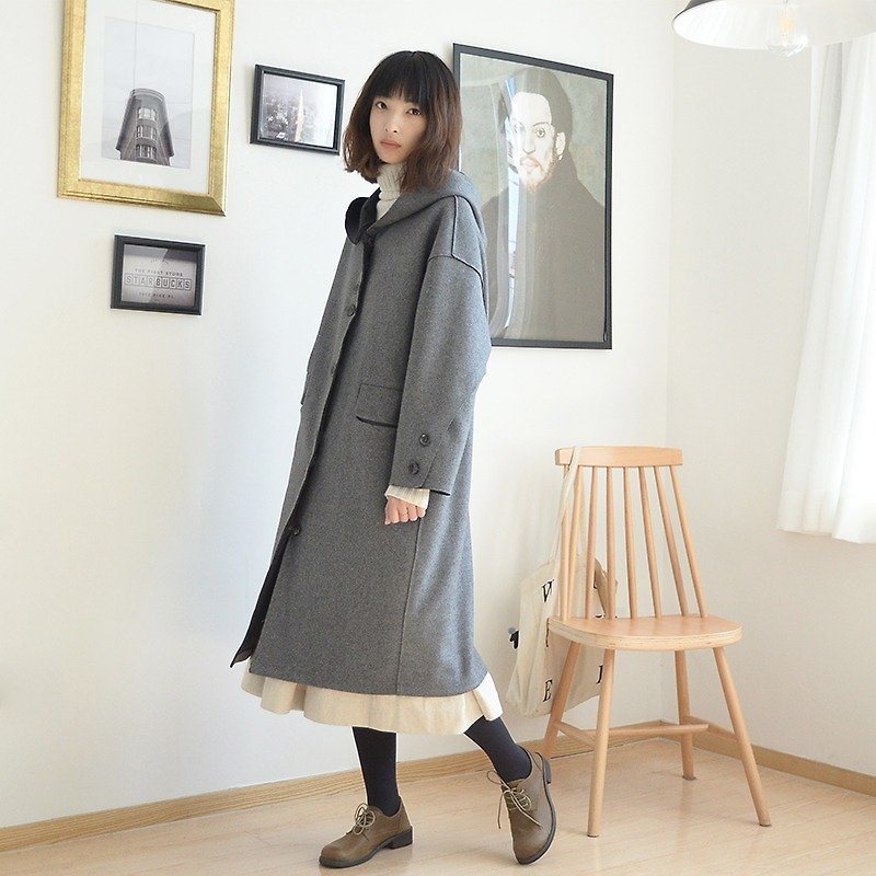 日系單排扣羊毛呢大衣|大衣|雙面羊毛呢|獨立品牌|Sora-75 - 女大衣/外套 - 羊毛 灰色