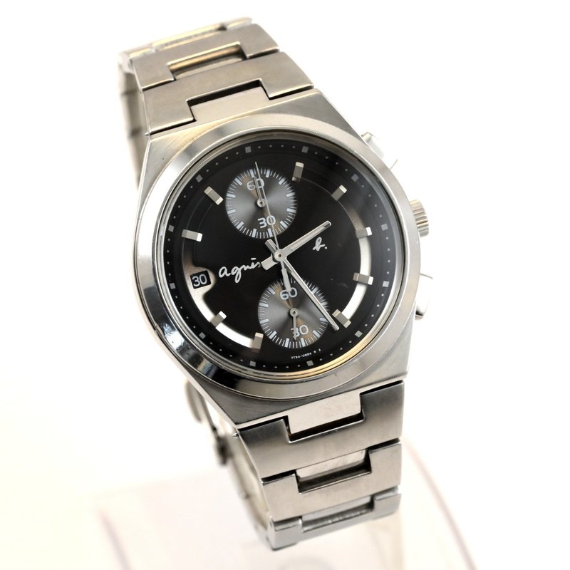 アニエスベー agnes b. 男性用腕時計 QUARTZ クロノグラフ 黒文字盤 38mm径 Ref.7T94-0AX0 手錶 古董錶 - 男錶/中性錶 - 不鏽鋼 黑色
