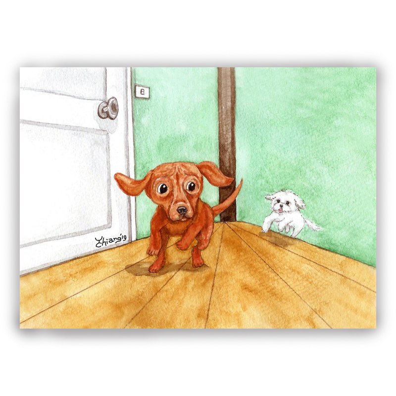 手繪插畫 萬用卡/明信片/卡片/插畫卡--小狗追逐 - 卡片/明信片 - 紙 