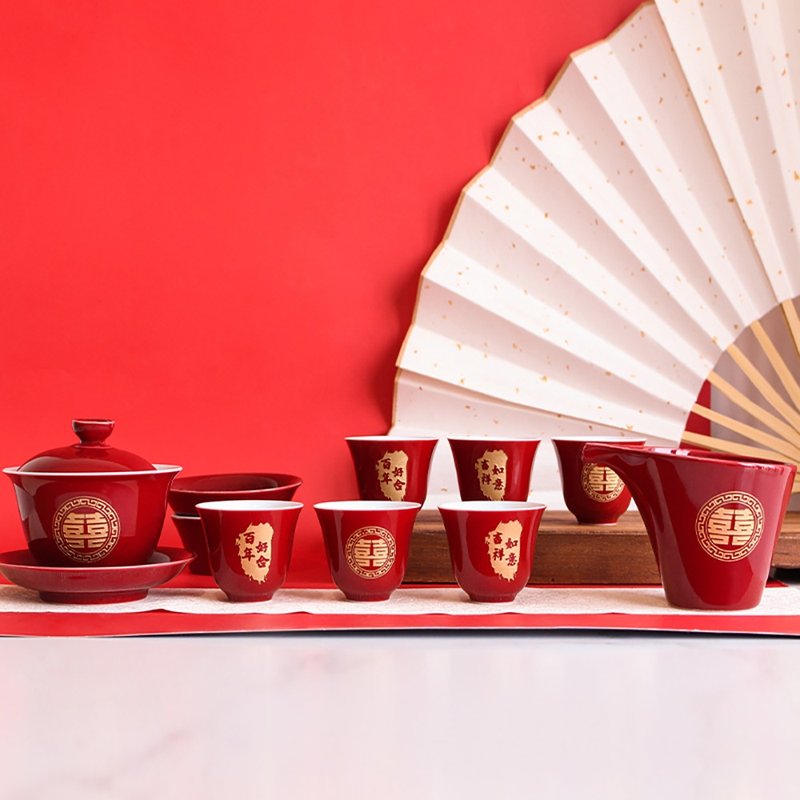 新婚禮物 訂製禮物 | 新婚雙喜霽紅杯組 - 茶壺/茶杯/茶具 - 陶 紅色