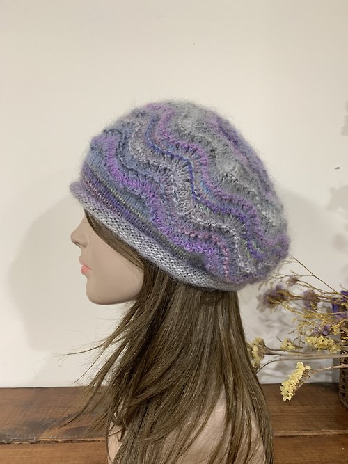 hm98k 走吧！編織 鳳尾花毛線帽。。粉紫/灰段染毛線帽。優質日本線。
