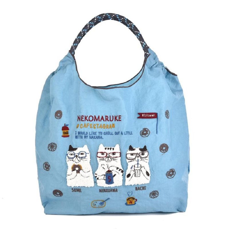 Kusuguru Japan Handbag Eco Bag Japanese Embroidered Nylon Shopping Bag Cat Ball Style-Blue - กระเป๋าถือ - ไนลอน สีน้ำเงิน